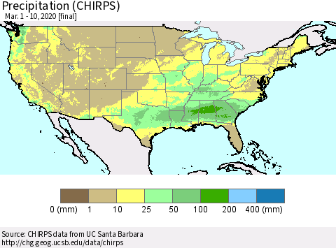 United States Precipitation (CHIRPS) Thematic Map For 3/1/2020 - 3/10/2020