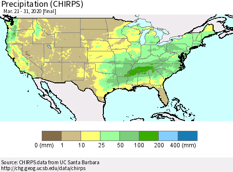 United States Precipitation (CHIRPS) Thematic Map For 3/21/2020 - 3/31/2020