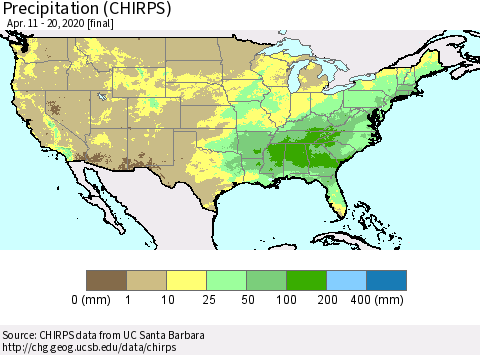 United States Precipitation (CHIRPS) Thematic Map For 4/11/2020 - 4/20/2020