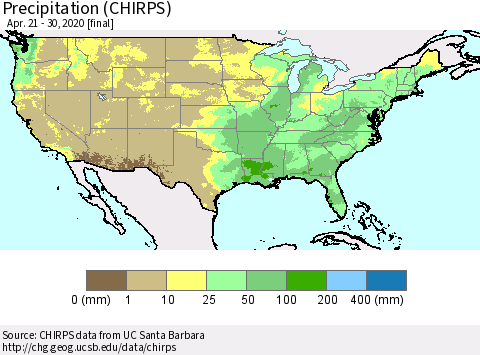 United States Precipitation (CHIRPS) Thematic Map For 4/21/2020 - 4/30/2020