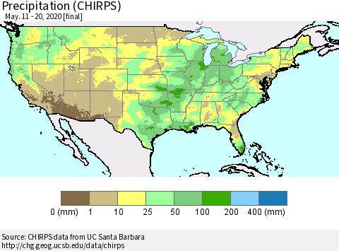 United States Precipitation (CHIRPS) Thematic Map For 5/11/2020 - 5/20/2020