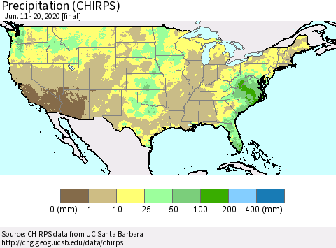 United States Precipitation (CHIRPS) Thematic Map For 6/11/2020 - 6/20/2020