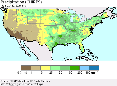 United States Precipitation (CHIRPS) Thematic Map For 6/21/2020 - 6/30/2020