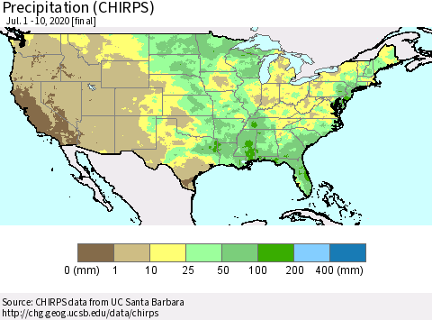 United States Precipitation (CHIRPS) Thematic Map For 7/1/2020 - 7/10/2020
