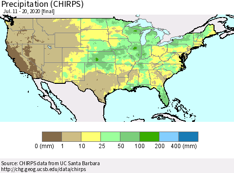 United States Precipitation (CHIRPS) Thematic Map For 7/11/2020 - 7/20/2020