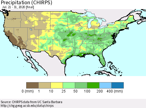 United States Precipitation (CHIRPS) Thematic Map For 7/21/2020 - 7/31/2020