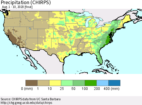 United States Precipitation (CHIRPS) Thematic Map For 8/1/2020 - 8/10/2020