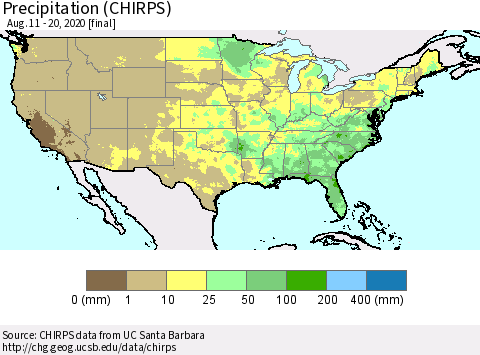 United States Precipitation (CHIRPS) Thematic Map For 8/11/2020 - 8/20/2020