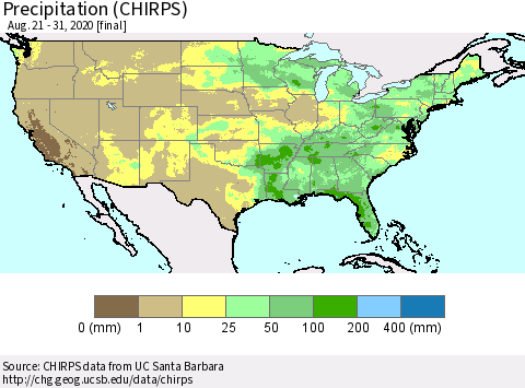 United States Precipitation (CHIRPS) Thematic Map For 8/21/2020 - 8/31/2020