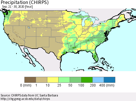 United States Precipitation (CHIRPS) Thematic Map For 9/21/2020 - 9/30/2020