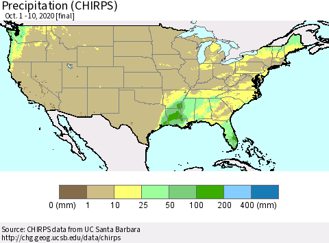 United States Precipitation (CHIRPS) Thematic Map For 10/1/2020 - 10/10/2020