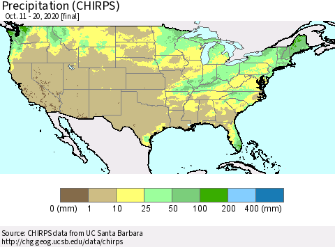 United States Precipitation (CHIRPS) Thematic Map For 10/11/2020 - 10/20/2020