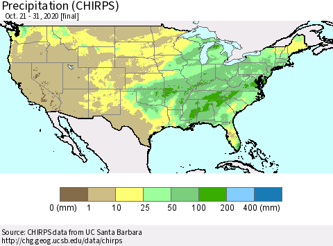United States Precipitation (CHIRPS) Thematic Map For 10/21/2020 - 10/31/2020