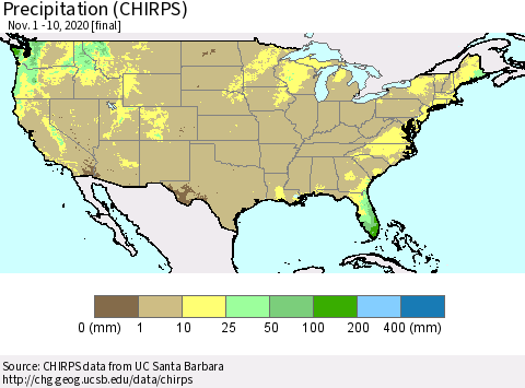United States Precipitation (CHIRPS) Thematic Map For 11/1/2020 - 11/10/2020