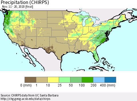 United States Precipitation (CHIRPS) Thematic Map For 11/11/2020 - 11/20/2020
