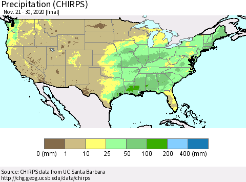 United States Precipitation (CHIRPS) Thematic Map For 11/21/2020 - 11/30/2020