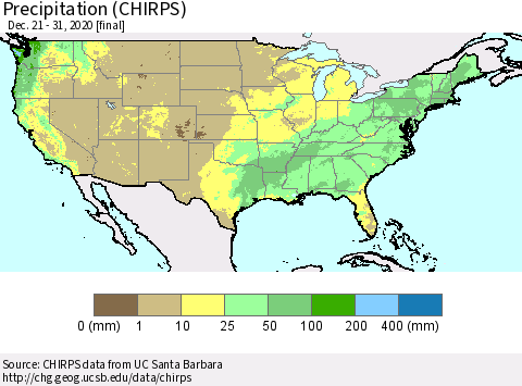 United States Precipitation (CHIRPS) Thematic Map For 12/21/2020 - 12/31/2020