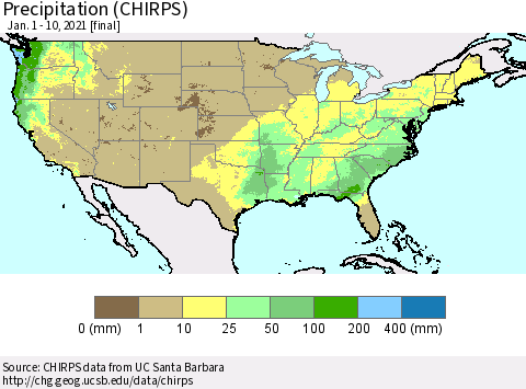 United States Precipitation (CHIRPS) Thematic Map For 1/1/2021 - 1/10/2021