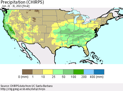 United States Precipitation (CHIRPS) Thematic Map For 1/21/2021 - 1/31/2021