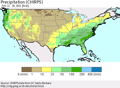 United States Precipitation (CHIRPS) Thematic Map For 2/11/2021 - 2/20/2021