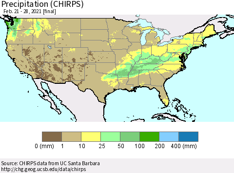 United States Precipitation (CHIRPS) Thematic Map For 2/21/2021 - 2/28/2021