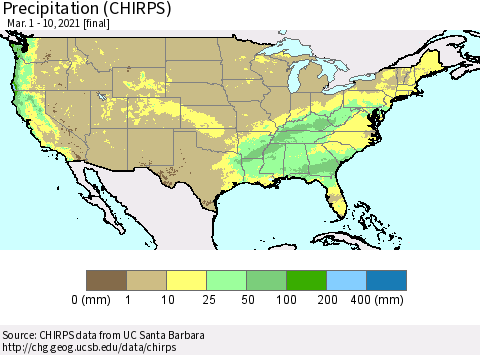 United States Precipitation (CHIRPS) Thematic Map For 3/1/2021 - 3/10/2021