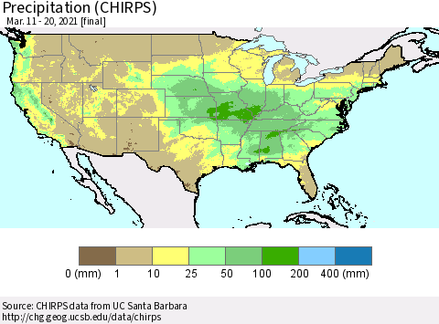 United States Precipitation (CHIRPS) Thematic Map For 3/11/2021 - 3/20/2021