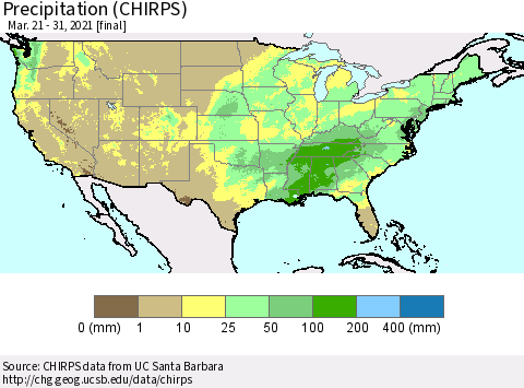 United States Precipitation (CHIRPS) Thematic Map For 3/21/2021 - 3/31/2021
