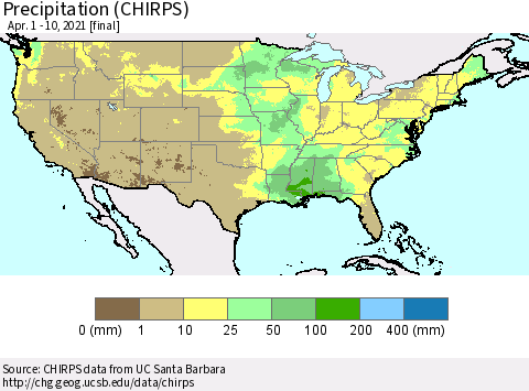 United States Precipitation (CHIRPS) Thematic Map For 4/1/2021 - 4/10/2021