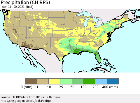 United States Precipitation (CHIRPS) Thematic Map For 4/11/2021 - 4/20/2021
