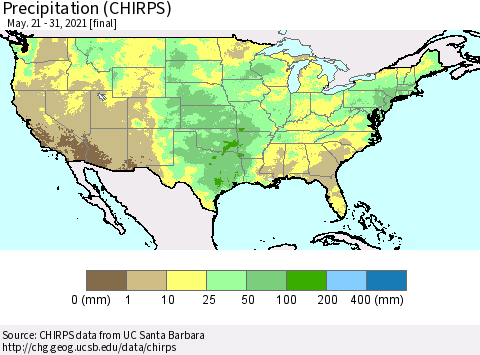 United States Precipitation (CHIRPS) Thematic Map For 5/21/2021 - 5/31/2021