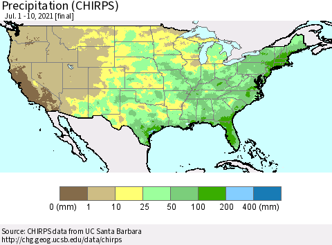 United States Precipitation (CHIRPS) Thematic Map For 7/1/2021 - 7/10/2021
