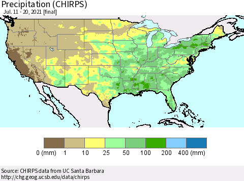 United States Precipitation (CHIRPS) Thematic Map For 7/11/2021 - 7/20/2021
