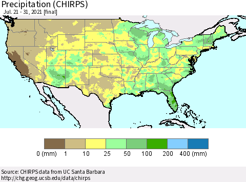 United States Precipitation (CHIRPS) Thematic Map For 7/21/2021 - 7/31/2021