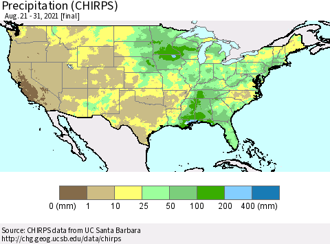 United States Precipitation (CHIRPS) Thematic Map For 8/21/2021 - 8/31/2021