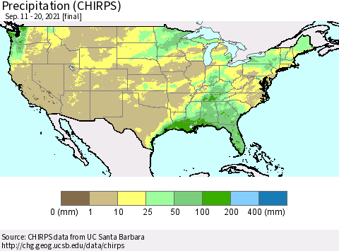 United States Precipitation (CHIRPS) Thematic Map For 9/11/2021 - 9/20/2021