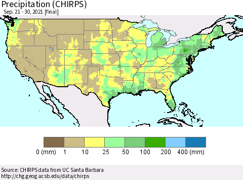 United States Precipitation (CHIRPS) Thematic Map For 9/21/2021 - 9/30/2021