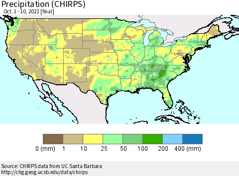 United States Precipitation (CHIRPS) Thematic Map For 10/1/2021 - 10/10/2021