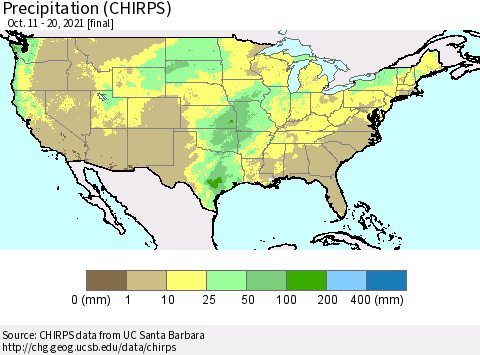 United States Precipitation (CHIRPS) Thematic Map For 10/11/2021 - 10/20/2021
