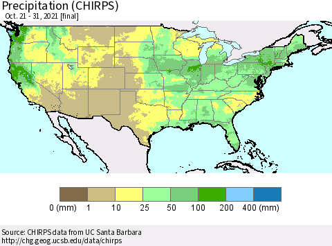 United States Precipitation (CHIRPS) Thematic Map For 10/21/2021 - 10/31/2021