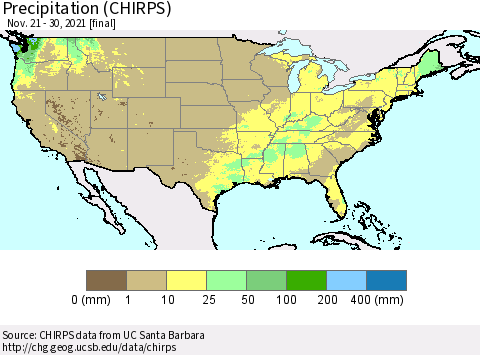 United States Precipitation (CHIRPS) Thematic Map For 11/21/2021 - 11/30/2021