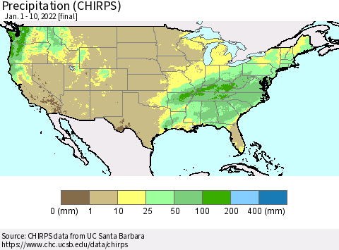 United States Precipitation (CHIRPS) Thematic Map For 1/1/2022 - 1/10/2022