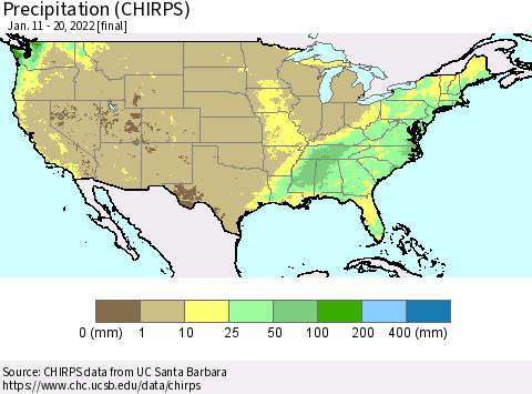 United States Precipitation (CHIRPS) Thematic Map For 1/11/2022 - 1/20/2022