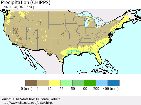 United States Precipitation (CHIRPS) Thematic Map For 1/21/2022 - 1/31/2022