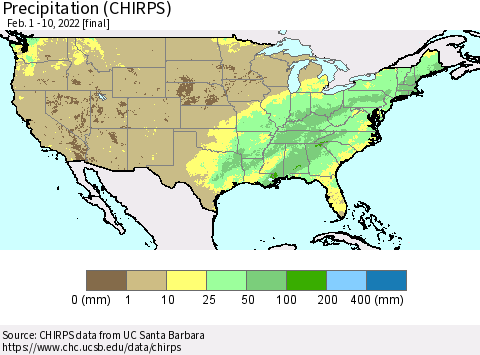 United States Precipitation (CHIRPS) Thematic Map For 2/1/2022 - 2/10/2022