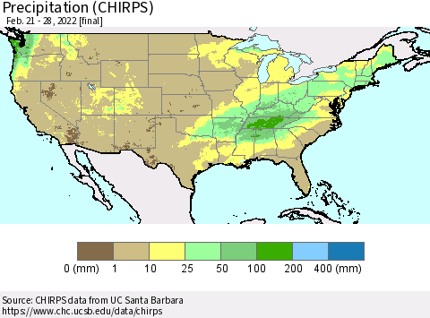 United States Precipitation (CHIRPS) Thematic Map For 2/21/2022 - 2/28/2022