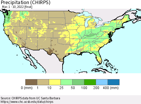 United States Precipitation (CHIRPS) Thematic Map For 3/1/2022 - 3/10/2022