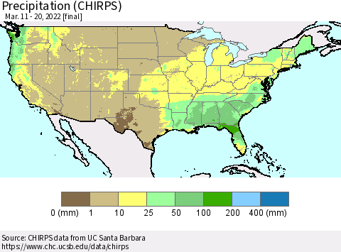 United States Precipitation (CHIRPS) Thematic Map For 3/11/2022 - 3/20/2022
