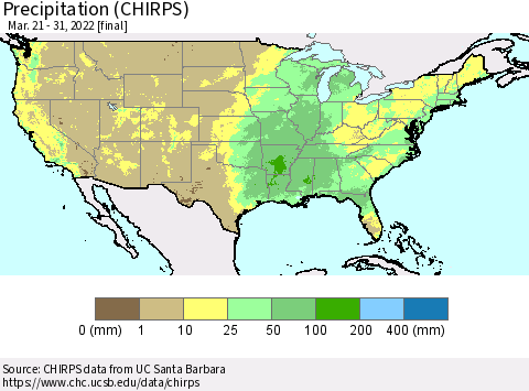 United States Precipitation (CHIRPS) Thematic Map For 3/21/2022 - 3/31/2022