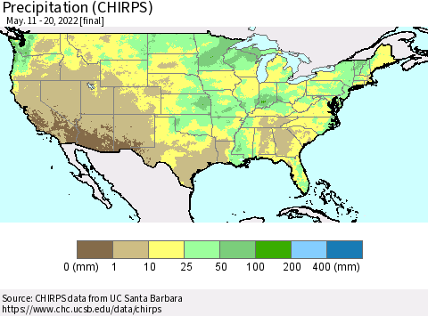 United States Precipitation (CHIRPS) Thematic Map For 5/11/2022 - 5/20/2022